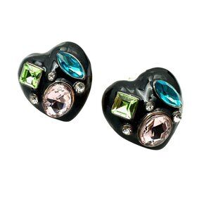 Womens Earrings Blue Pink Green Rhinestone Black Enamel Heart Earrings Pierced